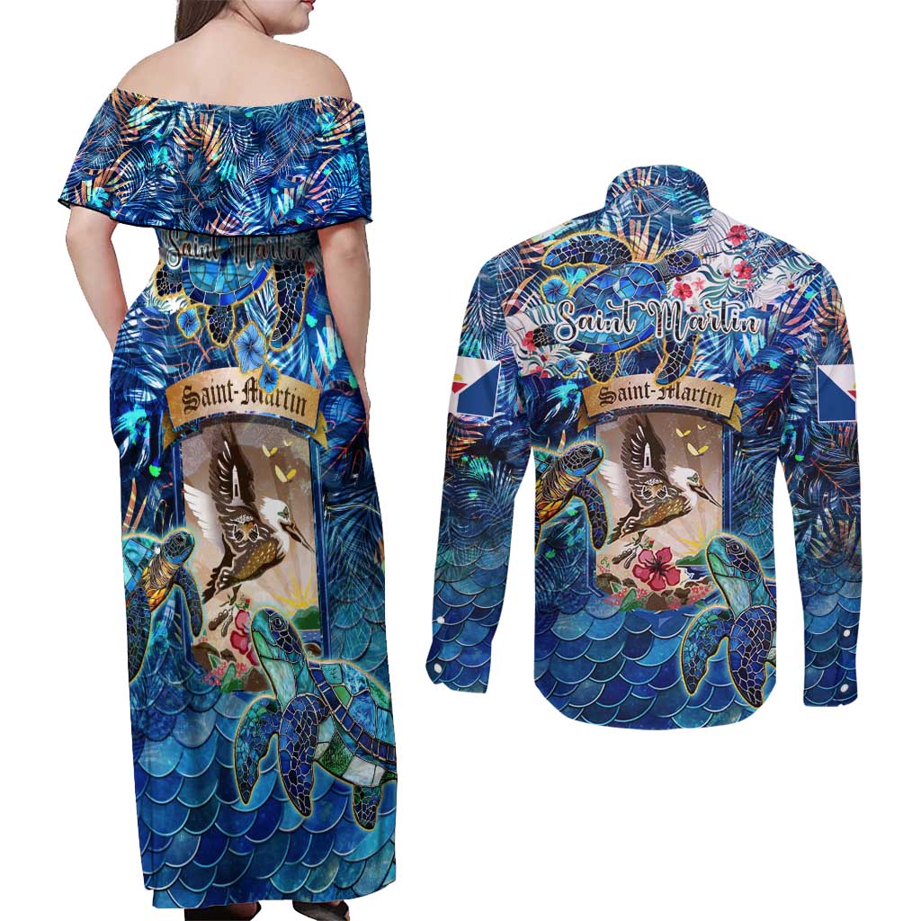 Saint Martin Couples Matching Off Shoulder Maxi Dress and Long Sleeve Button Shirt Sea Turtle Tropical Pattern
