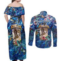 Saint Martin Couples Matching Off Shoulder Maxi Dress and Long Sleeve Button Shirt Sea Turtle Tropical Pattern