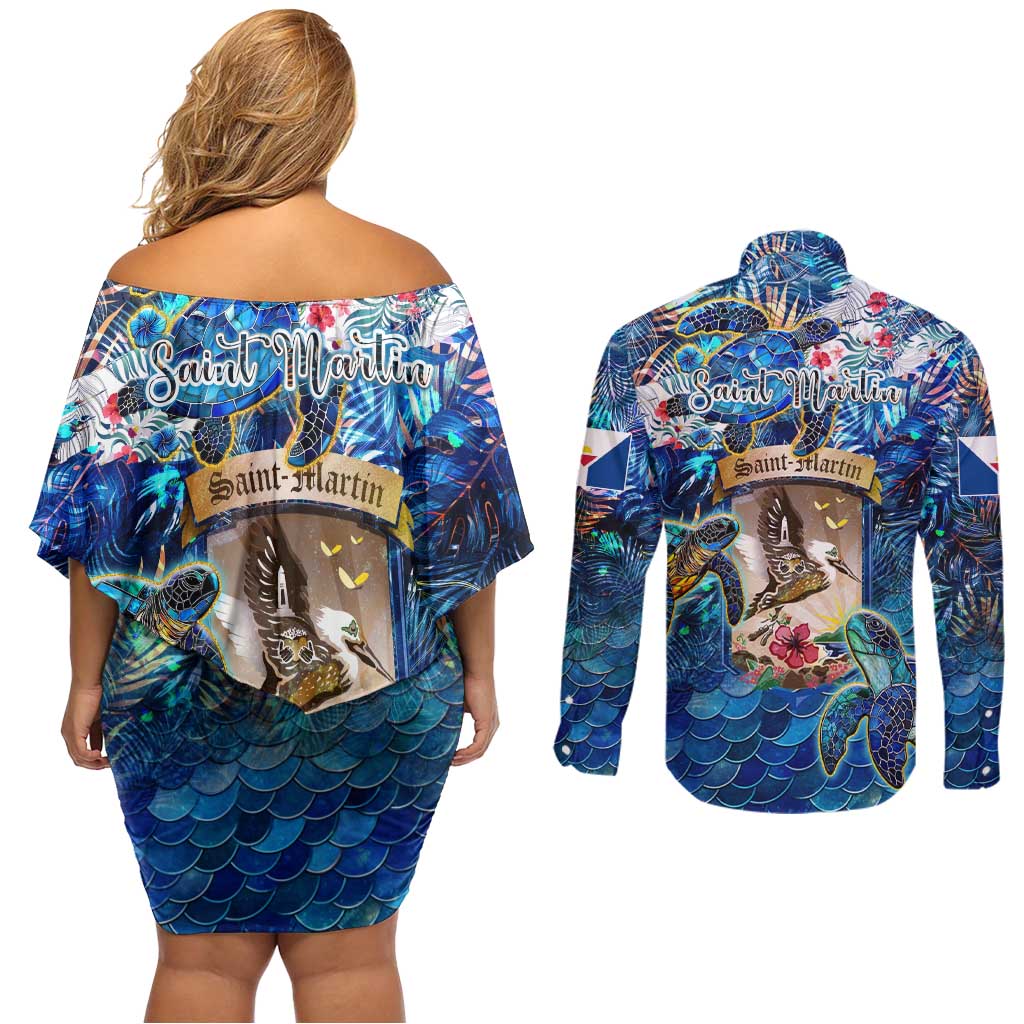 Saint Martin Couples Matching Off Shoulder Short Dress and Long Sleeve Button Shirt Sea Turtle Tropical Pattern