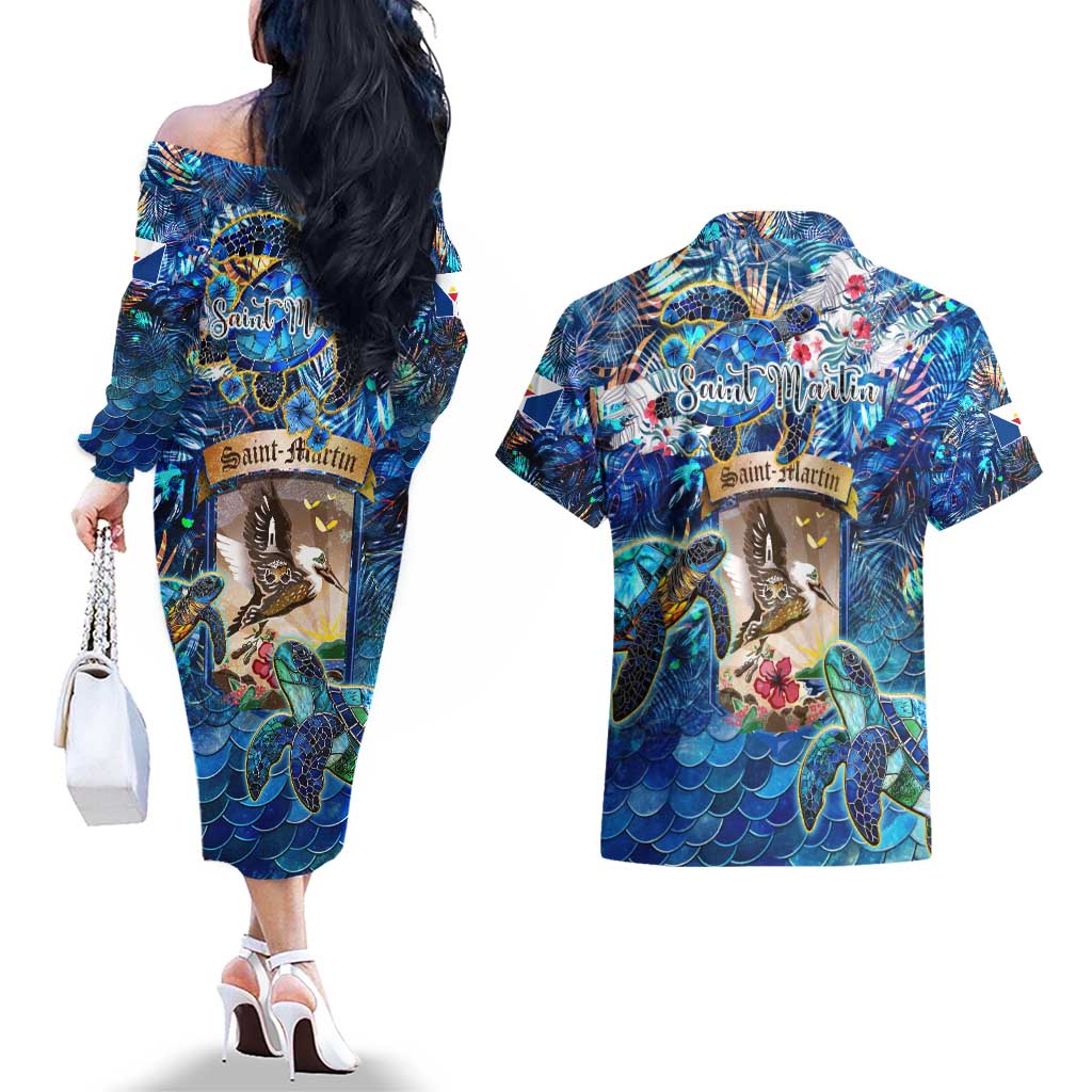 Saint Martin Couples Matching Off The Shoulder Long Sleeve Dress and Hawaiian Shirt Sea Turtle Tropical Pattern