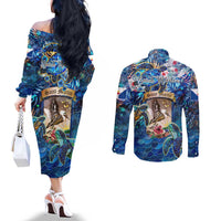 Saint Martin Couples Matching Off The Shoulder Long Sleeve Dress and Long Sleeve Button Shirt Sea Turtle Tropical Pattern
