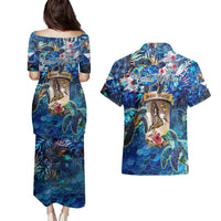 Saint Martin Couples Matching Puletasi and Hawaiian Shirt Sea Turtle Tropical Pattern