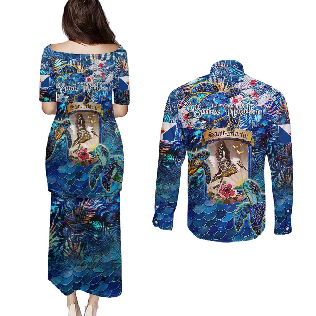 Saint Martin Couples Matching Puletasi and Long Sleeve Button Shirt Sea Turtle Tropical Pattern