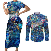 Saint Martin Couples Matching Short Sleeve Bodycon Dress and Long Sleeve Button Shirt Sea Turtle Tropical Pattern