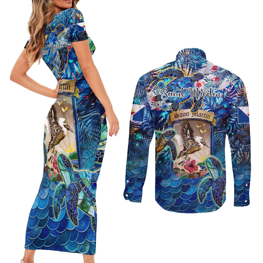 Saint Martin Couples Matching Short Sleeve Bodycon Dress and Long Sleeve Button Shirt Sea Turtle Tropical Pattern