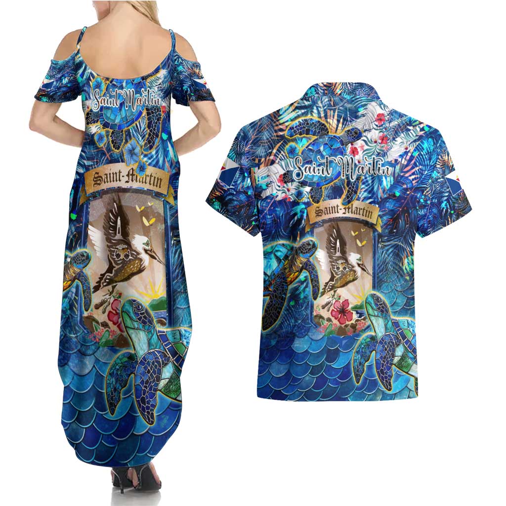 Saint Martin Couples Matching Summer Maxi Dress and Hawaiian Shirt Sea Turtle Tropical Pattern