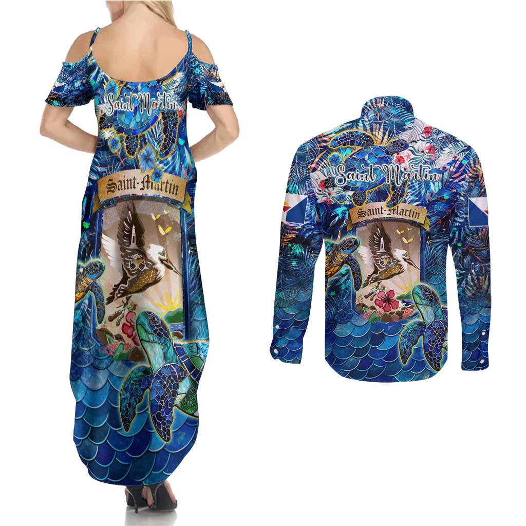 Saint Martin Couples Matching Summer Maxi Dress and Long Sleeve Button Shirt Sea Turtle Tropical Pattern