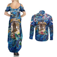 Saint Martin Couples Matching Summer Maxi Dress and Long Sleeve Button Shirt Sea Turtle Tropical Pattern