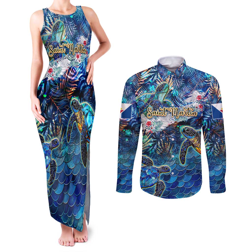 Saint Martin Couples Matching Tank Maxi Dress and Long Sleeve Button Shirt Sea Turtle Tropical Pattern