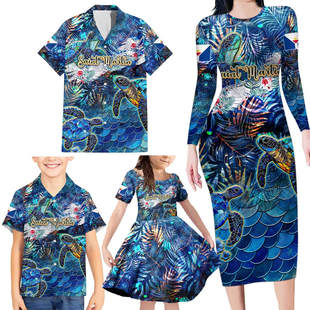 Saint Martin Family Matching Long Sleeve Bodycon Dress and Hawaiian Shirt Sea Turtle Tropical Pattern