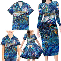 Saint Martin Family Matching Long Sleeve Bodycon Dress and Hawaiian Shirt Sea Turtle Tropical Pattern