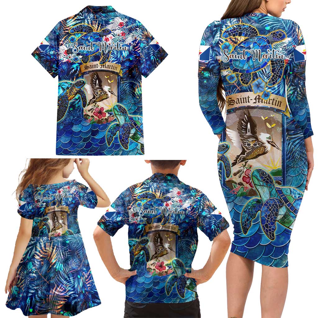 Saint Martin Family Matching Long Sleeve Bodycon Dress and Hawaiian Shirt Sea Turtle Tropical Pattern