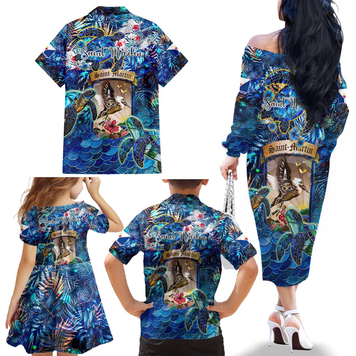 Saint Martin Family Matching Off The Shoulder Long Sleeve Dress and Hawaiian Shirt Sea Turtle Tropical Pattern