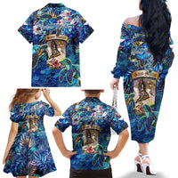 Saint Martin Family Matching Off The Shoulder Long Sleeve Dress and Hawaiian Shirt Sea Turtle Tropical Pattern