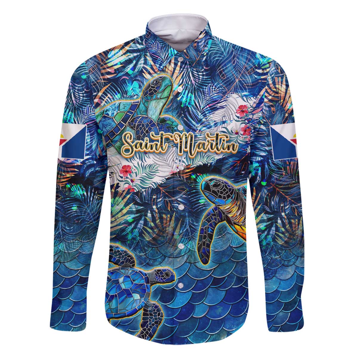 Saint Martin Family Matching Off The Shoulder Long Sleeve Dress and Hawaiian Shirt Sea Turtle Tropical Pattern