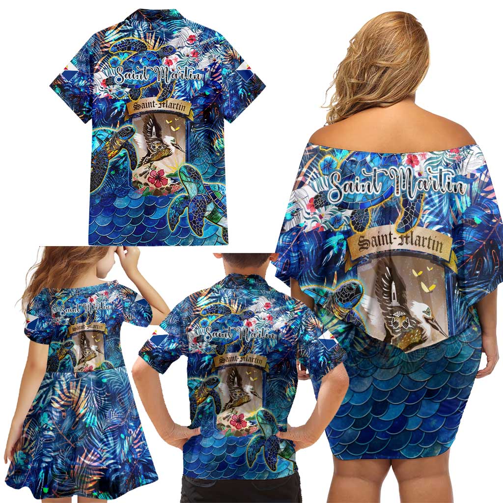 Saint Martin Family Matching Off Shoulder Short Dress and Hawaiian Shirt Sea Turtle Tropical Pattern - Wonder Print Shop