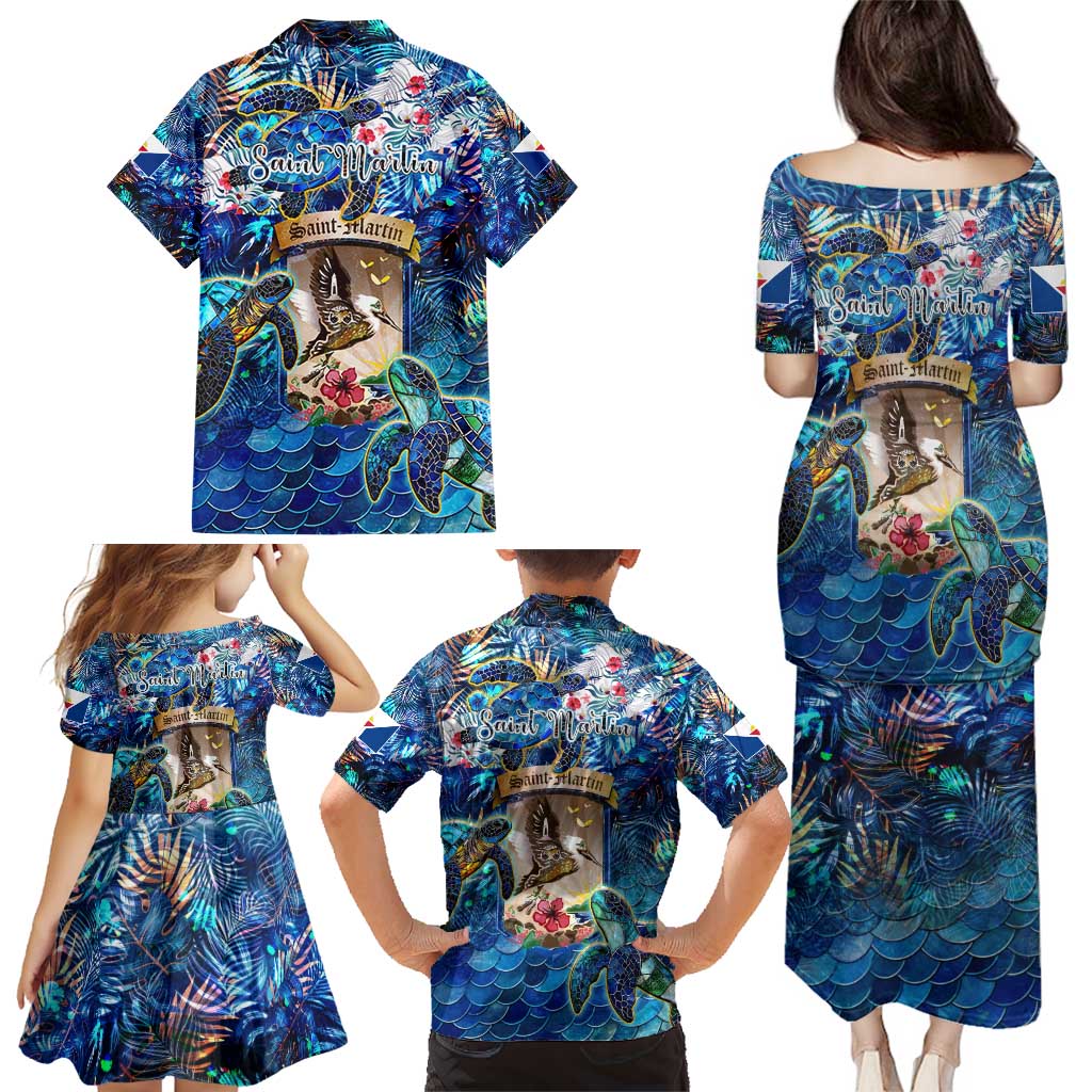 Saint Martin Family Matching Puletasi and Hawaiian Shirt Sea Turtle Tropical Pattern