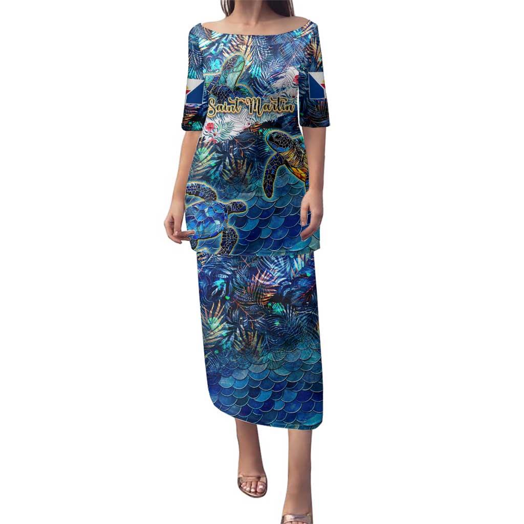 Saint Martin Family Matching Puletasi and Hawaiian Shirt Sea Turtle Tropical Pattern