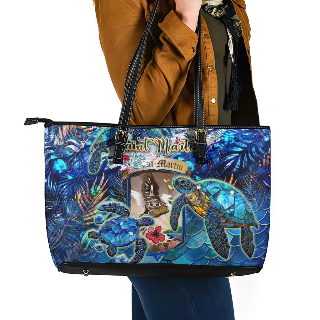 Saint Martin Leather Tote Bag Sea Turtle Tropical Pattern