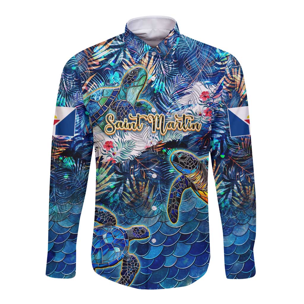 Saint Martin Long Sleeve Button Shirt Sea Turtle Tropical Pattern
