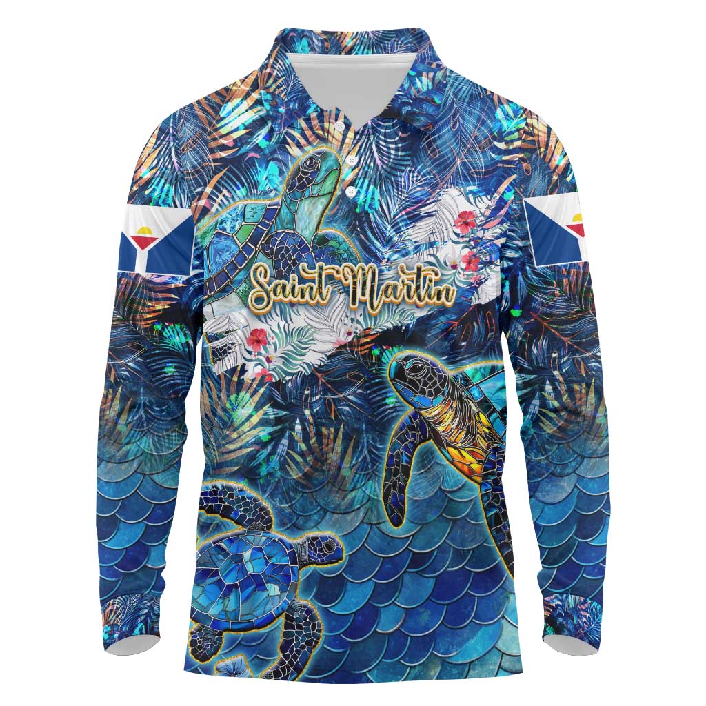 Saint Martin Long Sleeve Polo Shirt Sea Turtle Tropical Pattern - Wonder Print Shop