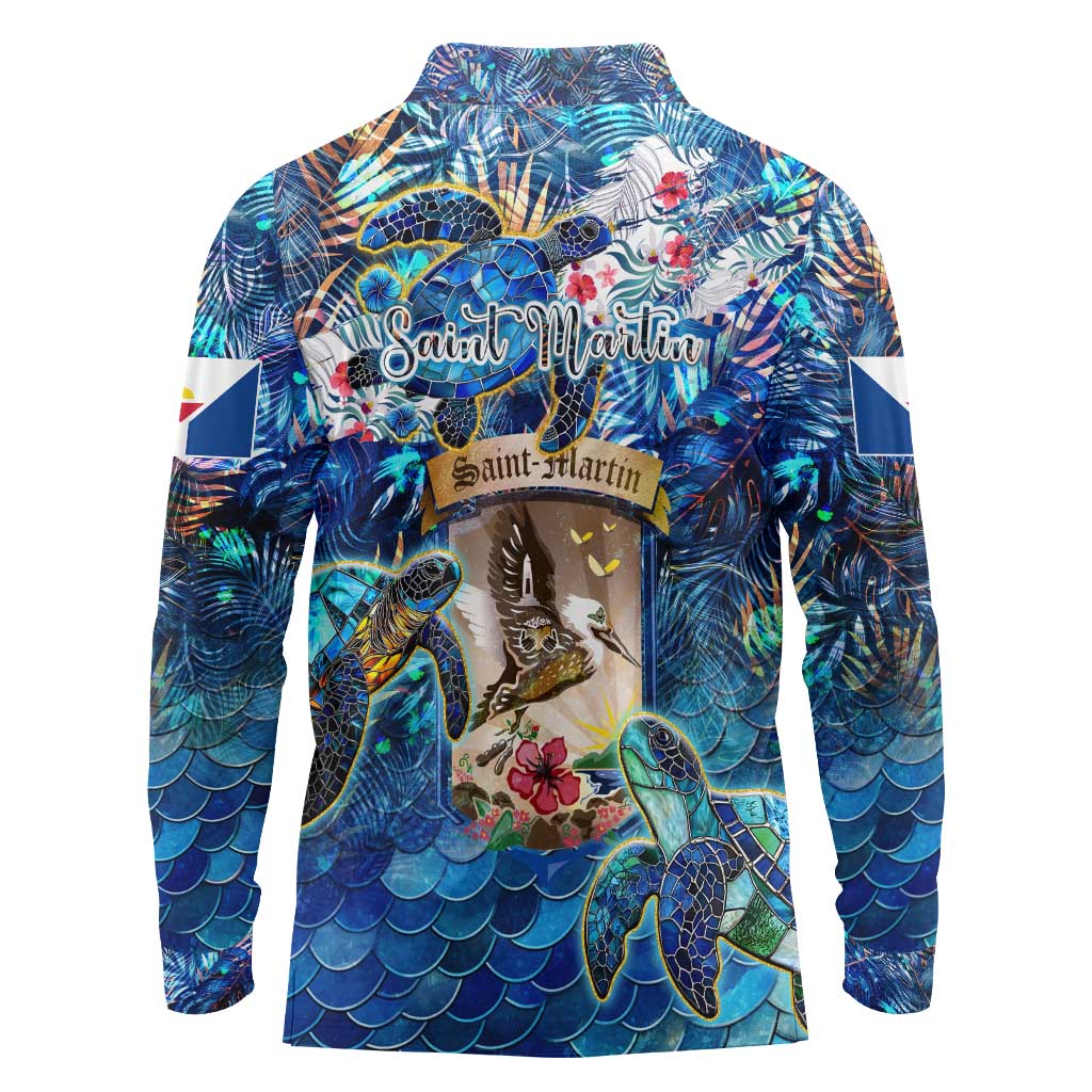 Saint Martin Long Sleeve Polo Shirt Sea Turtle Tropical Pattern - Wonder Print Shop