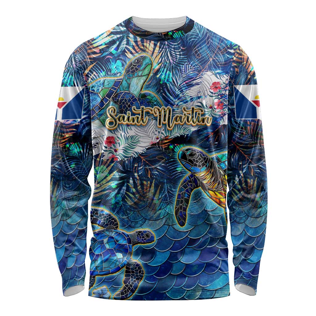 Saint Martin Long Sleeve Shirt Sea Turtle Tropical Pattern - Wonder Print Shop