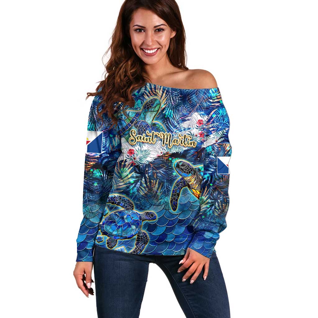 Saint Martin Off Shoulder Sweater Sea Turtle Tropical Pattern - Wonder Print Shop