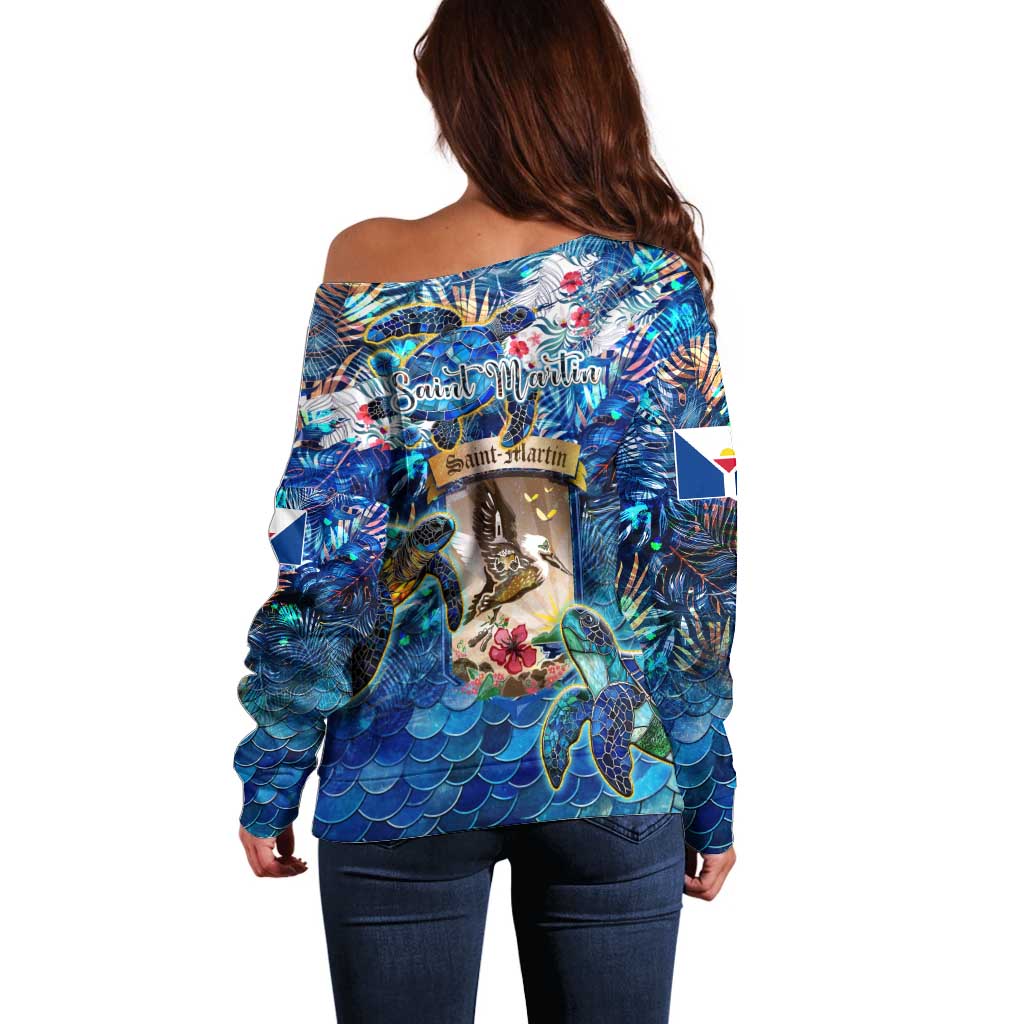 Saint Martin Off Shoulder Sweater Sea Turtle Tropical Pattern - Wonder Print Shop