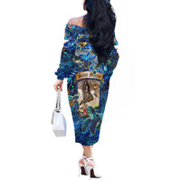 Saint Martin Off The Shoulder Long Sleeve Dress Sea Turtle Tropical Pattern - Wonder Print Shop