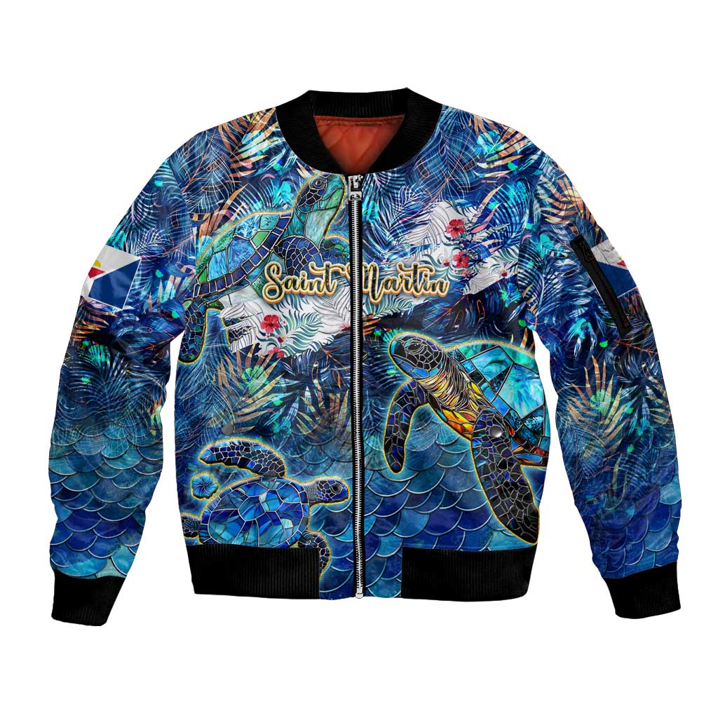 Saint Martin Sleeve Zip Bomber Jacket Sea Turtle Tropical Pattern - Wonder Print Shop