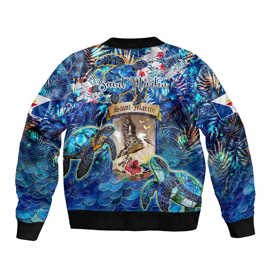 Saint Martin Sleeve Zip Bomber Jacket Sea Turtle Tropical Pattern - Wonder Print Shop