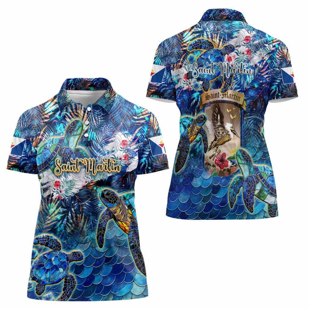 Saint Martin Women Polo Shirt Sea Turtle Tropical Pattern - Wonder Print Shop