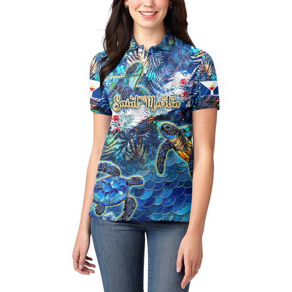 Saint Martin Women Polo Shirt Sea Turtle Tropical Pattern - Wonder Print Shop