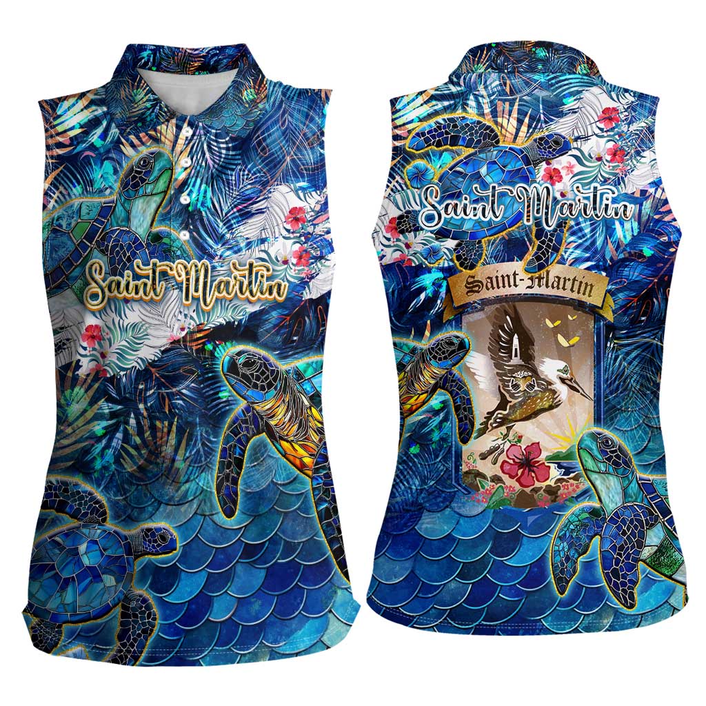Saint Martin Women Sleeveless Polo Shirt Sea Turtle Tropical Pattern - Wonder Print Shop