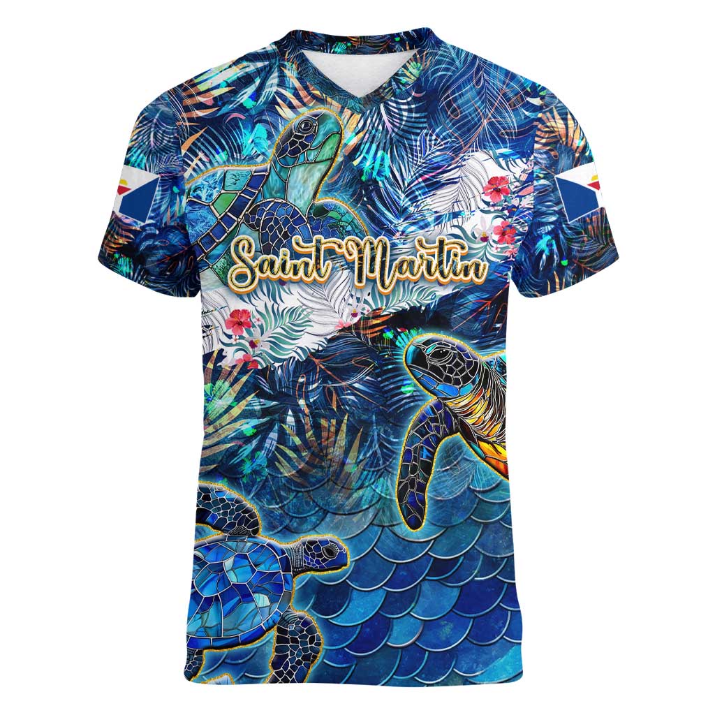 Saint Martin Women V-Neck T-Shirt Sea Turtle Tropical Pattern - Wonder Print Shop