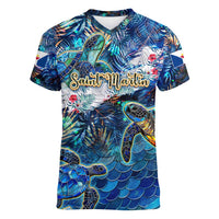 Saint Martin Women V-Neck T-Shirt Sea Turtle Tropical Pattern - Wonder Print Shop