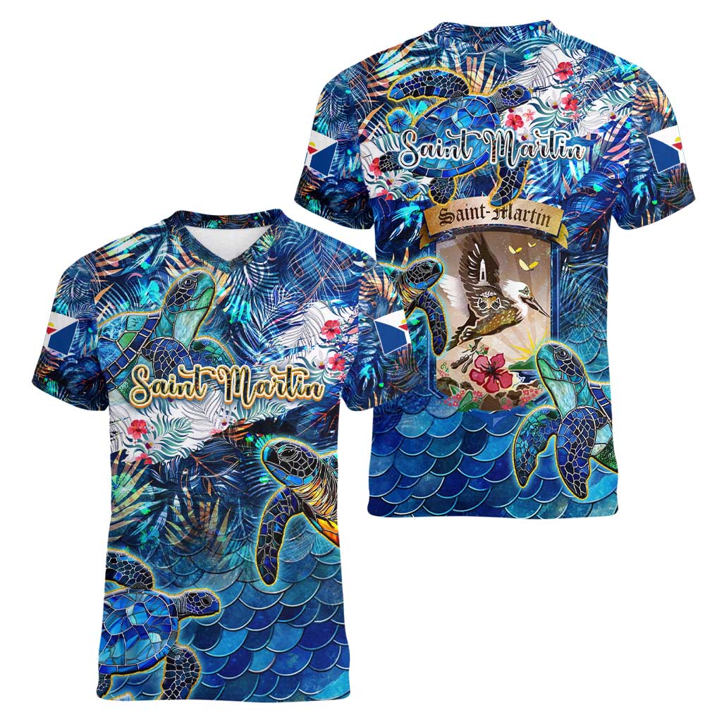 Saint Martin Women V-Neck T-Shirt Sea Turtle Tropical Pattern - Wonder Print Shop