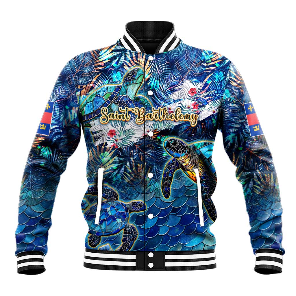 Saint Barthelemy Baseball Jacket Sea Turtle Tropical Pattern