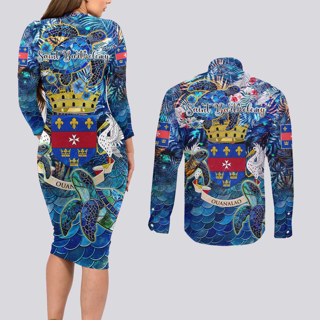 Saint Barthelemy Couples Matching Long Sleeve Bodycon Dress and Long Sleeve Button Shirt Sea Turtle Tropical Pattern