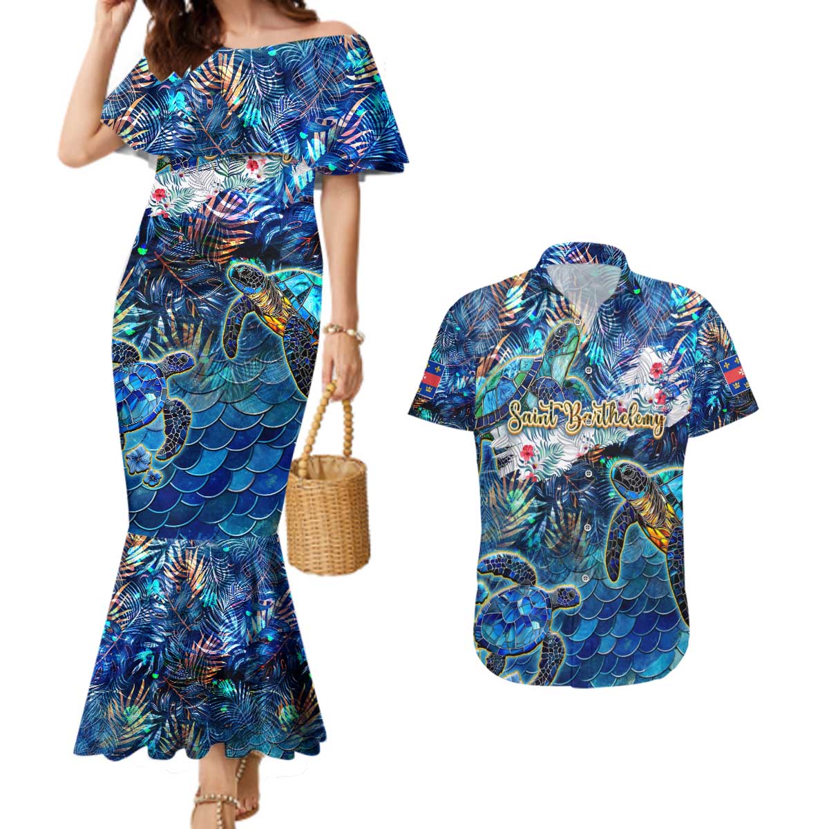 Saint Barthelemy Couples Matching Mermaid Dress and Hawaiian Shirt Sea Turtle Tropical Pattern