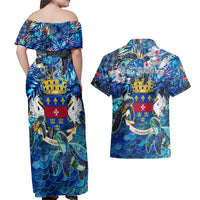Saint Barthelemy Couples Matching Off Shoulder Maxi Dress and Hawaiian Shirt Sea Turtle Tropical Pattern