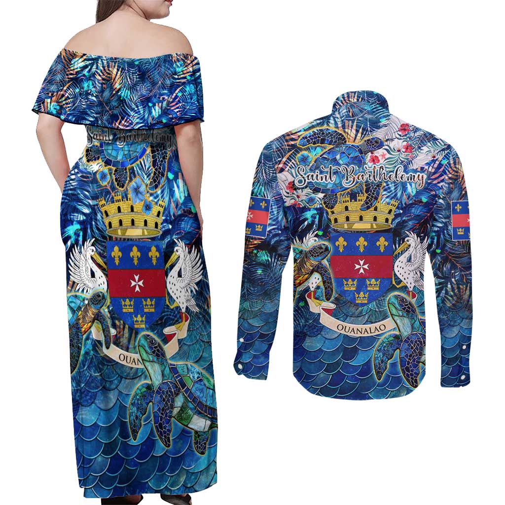Saint Barthelemy Couples Matching Off Shoulder Maxi Dress and Long Sleeve Button Shirt Sea Turtle Tropical Pattern