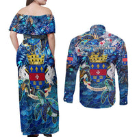 Saint Barthelemy Couples Matching Off Shoulder Maxi Dress and Long Sleeve Button Shirt Sea Turtle Tropical Pattern