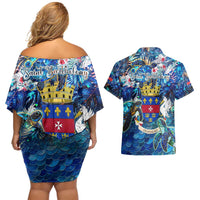 Saint Barthelemy Couples Matching Off Shoulder Short Dress and Hawaiian Shirt Sea Turtle Tropical Pattern