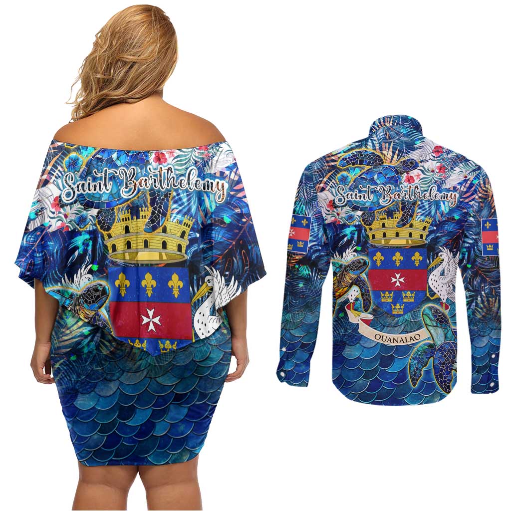 Saint Barthelemy Couples Matching Off Shoulder Short Dress and Long Sleeve Button Shirt Sea Turtle Tropical Pattern