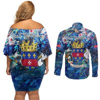 Saint Barthelemy Couples Matching Off Shoulder Short Dress and Long Sleeve Button Shirt Sea Turtle Tropical Pattern
