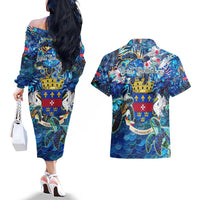 Saint Barthelemy Couples Matching Off The Shoulder Long Sleeve Dress and Hawaiian Shirt Sea Turtle Tropical Pattern