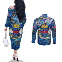 Saint Barthelemy Couples Matching Off The Shoulder Long Sleeve Dress and Long Sleeve Button Shirt Sea Turtle Tropical Pattern