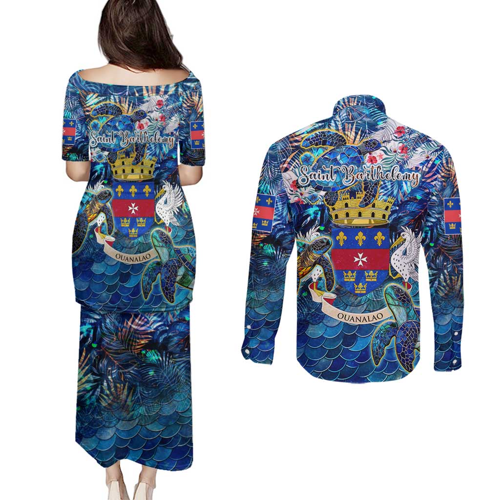 Saint Barthelemy Couples Matching Puletasi and Long Sleeve Button Shirt Sea Turtle Tropical Pattern